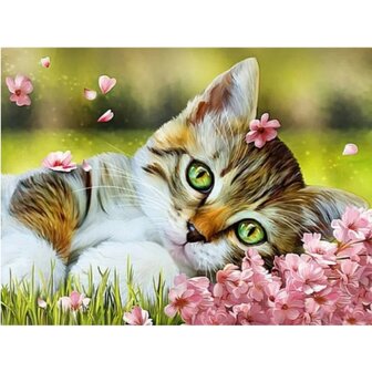 Diamond Painting Kat tussen de bloemen