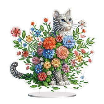 Diamond Painting Ornement debout Chat avec des fleurs