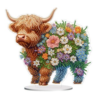 Diamond Painting Ornement debout Vache des Highlands &eacute;cossais avec des fleurs