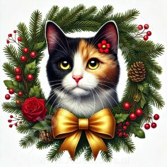 Diamond Painting Couronne de No&euml;l - Chat Calico