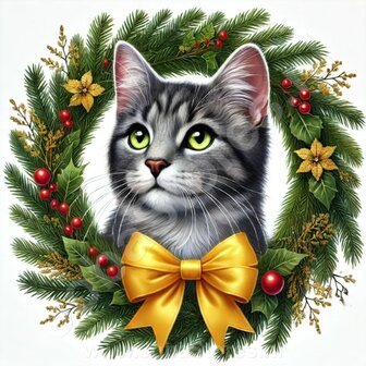 Diamond Painting Couronne de No&euml;l - Chat Tigr&eacute; Gris