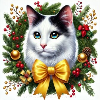 Diamond Painting Couronne de No&euml;l - Chat Blanc