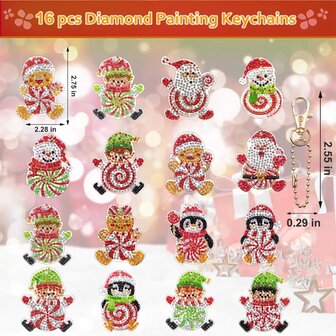 Diamond Painting Porte-cl&eacute;s Set Figurines de No&euml;l (16 pi&egrave;ces)