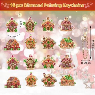 Diamond Painting Porte-cl&eacute;s Set Maisons de No&euml;l (16 pi&egrave;ces)