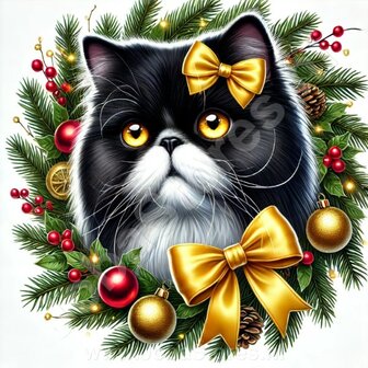 Diamond Painting Couronne de No&euml;l Chat Persan