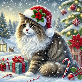 Diamond Painting Chat de No&euml;l - Chat des For&ecirc;ts Norv&eacute;giennes